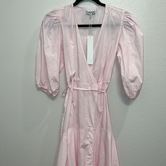 Ganni Puff Sleeve Organic Cotton Wrap Dress in Cherry Blossom - Picture 6 of 10